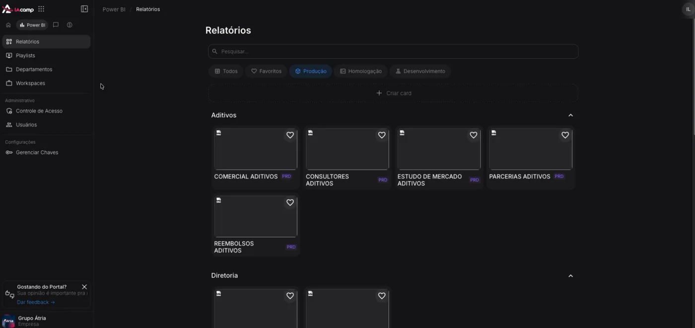 Relatórios do Power BI organizados dentro da plataforma EAhub